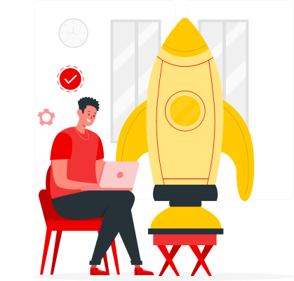 Illustration einer sitzenden Person neben einer Rakete