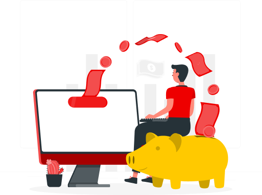 Illustration einer auf einem Sparschwein sitzenden Person vor einem Bildschirm, aus dem endlos Papier strömt