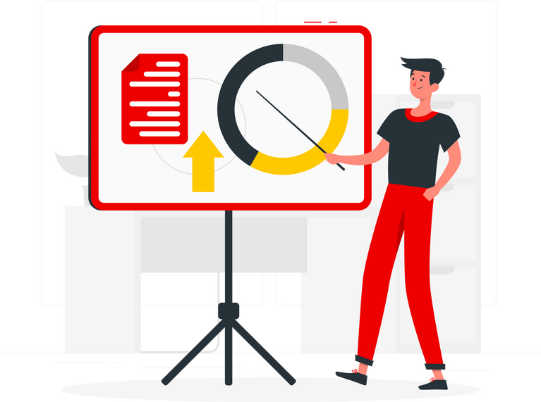 Mann mit Pointer präsentiert Diagramm und Dokument auf einem Präsentationsbildschirm.