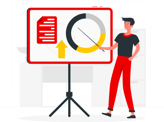 Person mit Pointer vor Präsentationsleinwand mit Diagramm und Textdetails.
