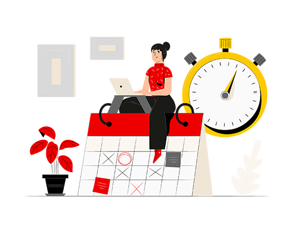 Frau in rotem Oberteil sitzt auf einem Kalender, daneben eine Uhr. Kalender zeigt abgelaufene Termine an.