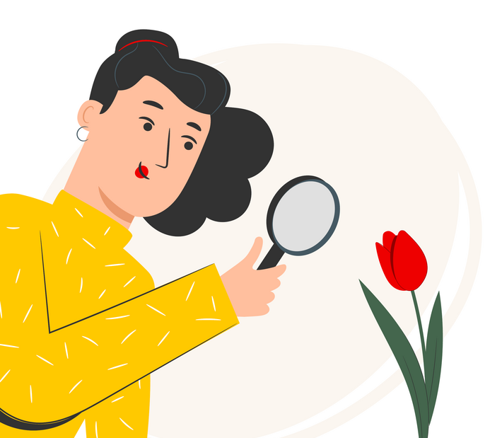 Illustration einer Frau, die eine Tulpe durch eine Lupe betrachtet