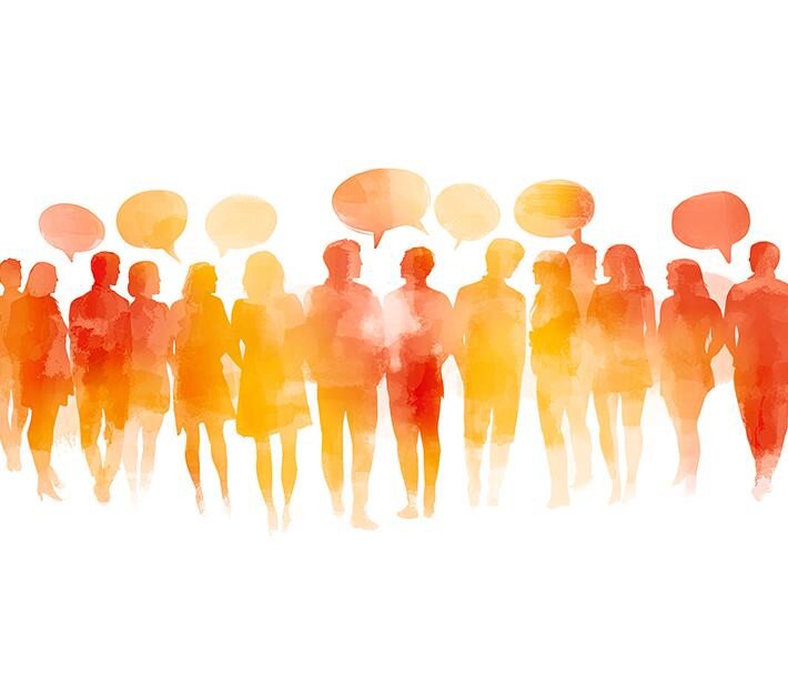 Illustration einer Gruppe von Personen, Sprechblasen verdeutlichen Austausch