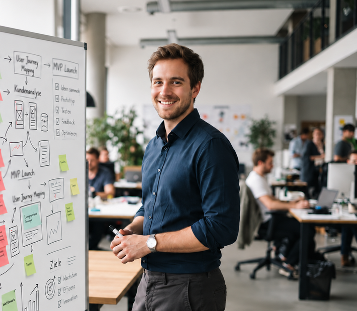 Master Business & Tranformation Management_Junger Mann steht an einem Whiteboard