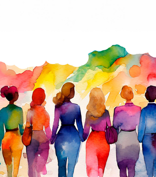 Rückenansicht von verschiedenen Frauen in einem bunten Aquarellbild