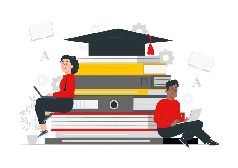 Illustration Reichhaltiges Literaturangebot, Zwei Studierende sitzen neben einem riesigen Bücherstapel und lesen