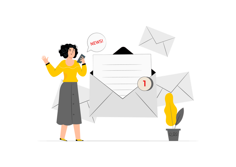 Illustration Newsletter abonnieren, geöffneter Brief liegt neben Frau mit Handy in der Hand