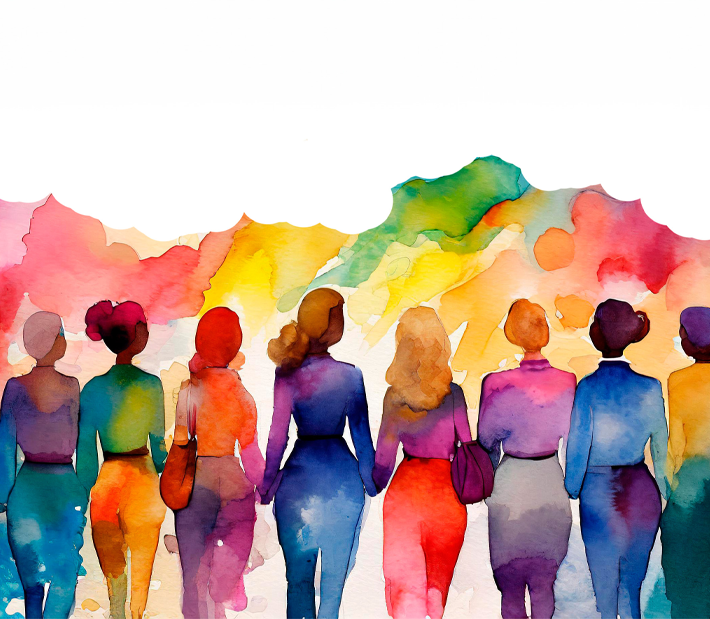 Rückenansicht verschiedener Frauen in bunten Aquarellfarben