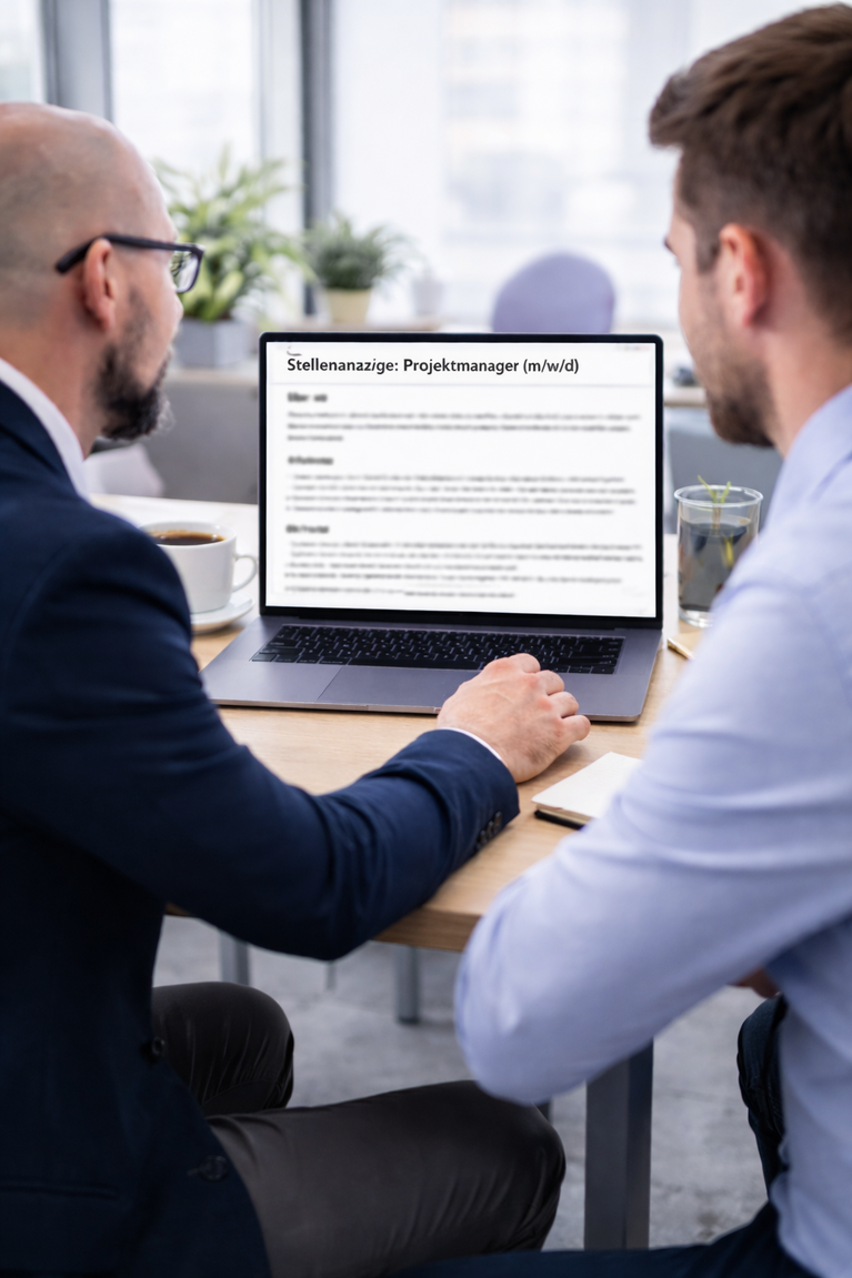 Zwei Männer schauen auf einen Monitor, der eine Stellenausschreibung zeigt.