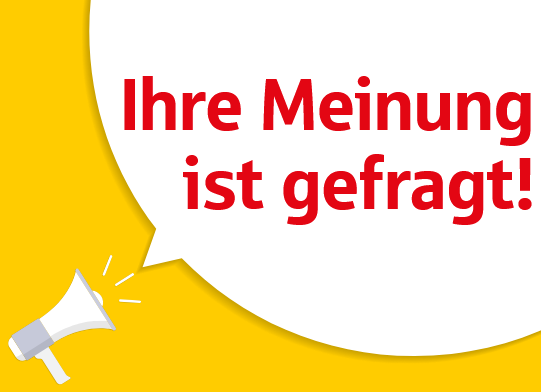 Megafon ruft in Sprechblase "Ihre Meinung ist gefragt"