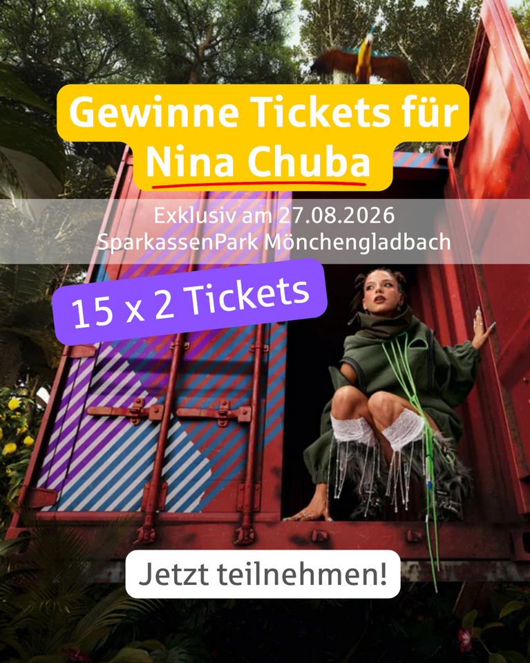 Werbegrafik für ein Instagram-Gewinnspiel der Hochschule für Finanzwirtschaft & Management. Zu sehen ist Nina Chuba vor einem farbigen Bühnenmotiv. Beworben wird die Verlosung von 15 × 2 Tickets für ihr Konzert am 27. August 2026 im SparkassenPark Mönchengladbach.